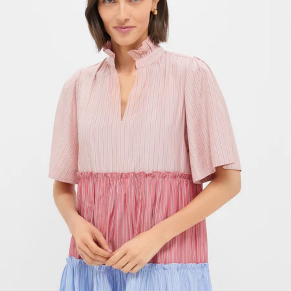 Tuckernuck Pink and Blue Striped Ruffle-Neck Tunic